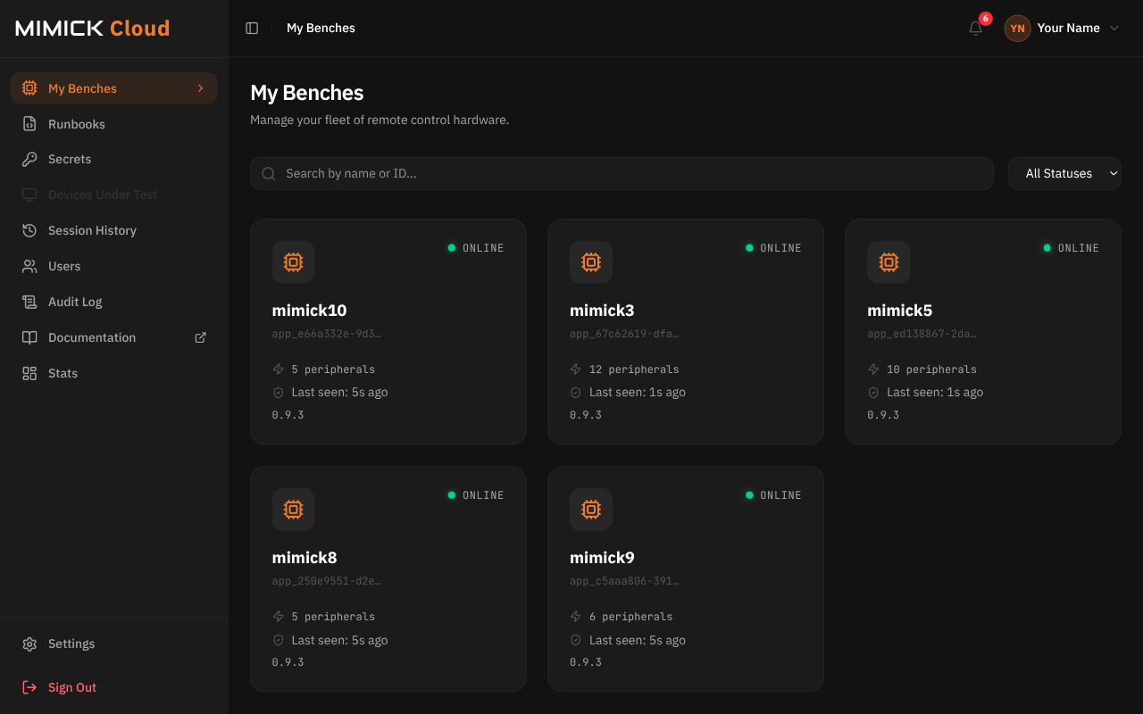 The My Benches page, showing a card for each bench with its status