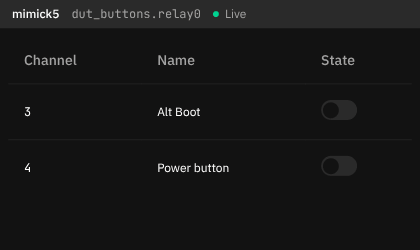 The relay controls window: a channel's switch is selected, turns on, and is selected again to turn off
